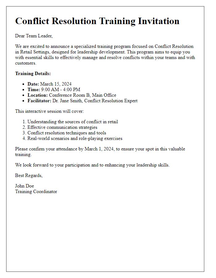 Letter template of retail conflict resolution training for leadership development.