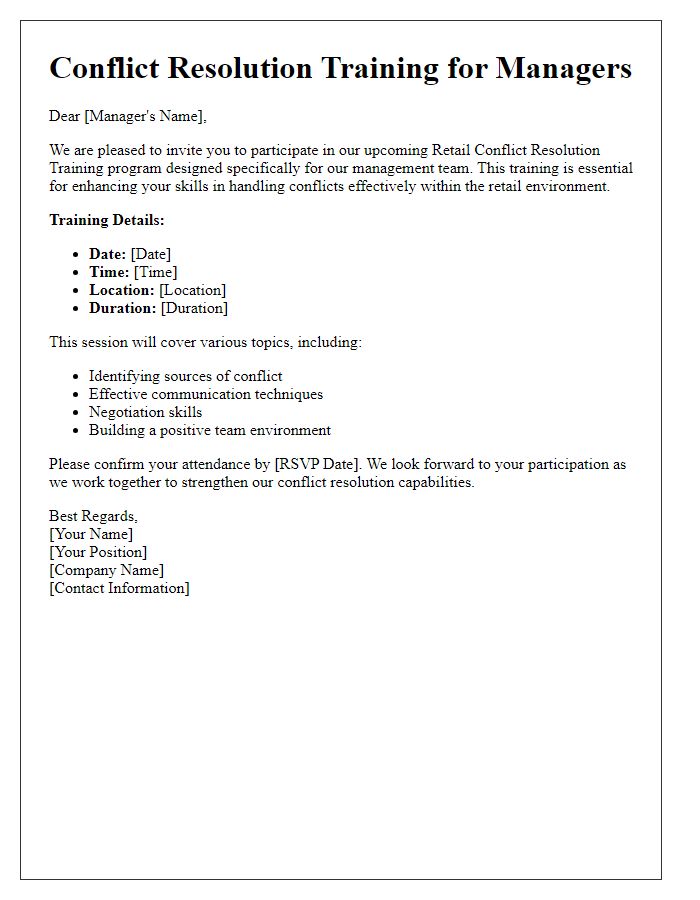 Letter template of retail conflict resolution training for managers.