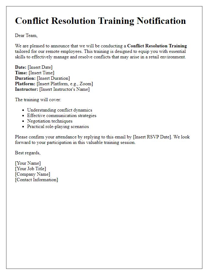 Letter template of retail conflict resolution training for remote employees.