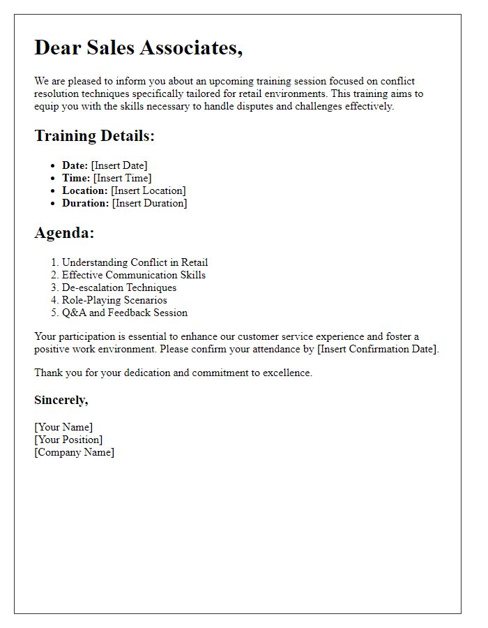 Letter template of retail conflict resolution training for sales associates.