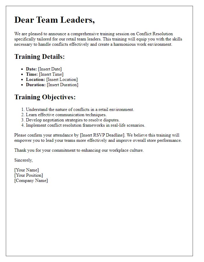 Letter template of retail conflict resolution training for team leaders.