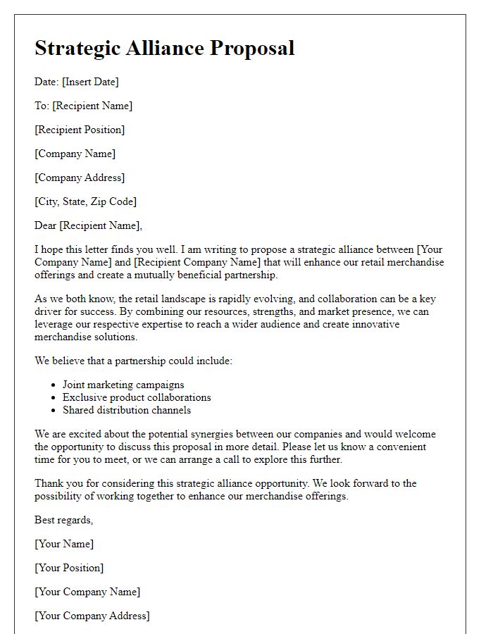 Letter template of retail merchandise strategic alliance letter