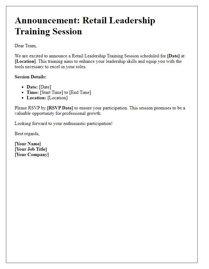 Letter template of announcement for retail leadership training session.