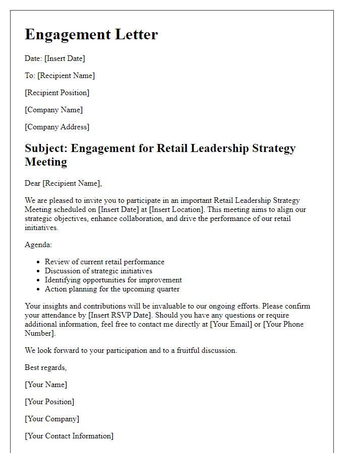 Letter template of engagement for retail leadership strategy meeting.