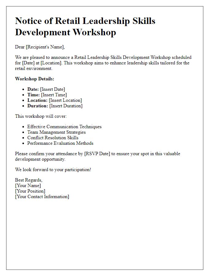 Letter template of notice for retail leadership skills development workshop.