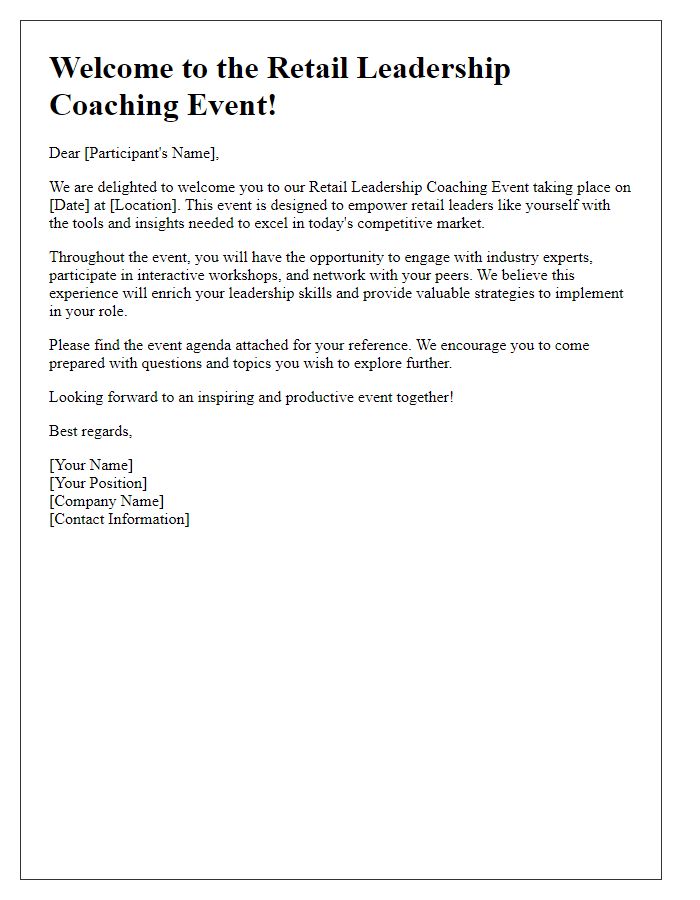 Letter template of welcome to retail leadership coaching event.