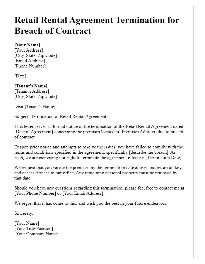 Letter template of retail rental agreement termination for breach of contract.