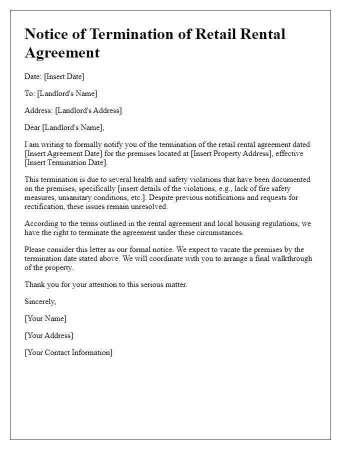 Letter template of retail rental agreement termination due to health and safety violations.