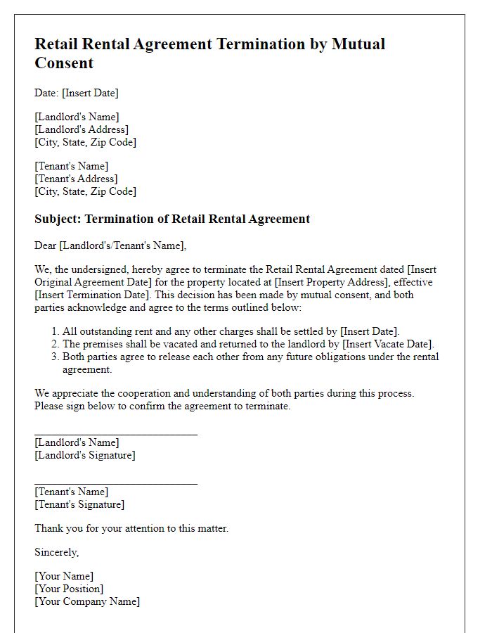 Letter template of retail rental agreement termination by mutual consent.