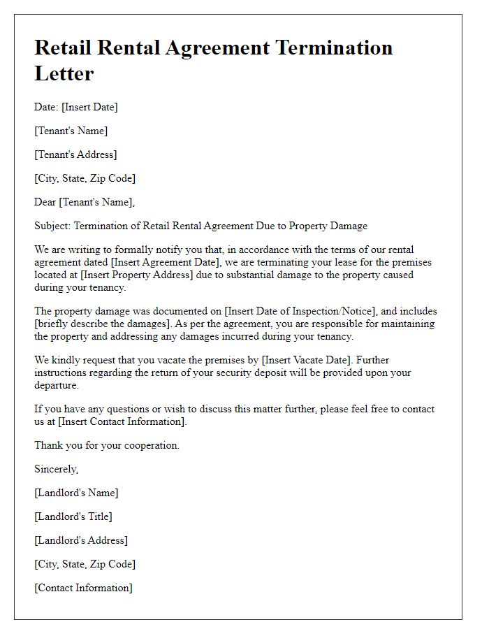 Letter template of retail rental agreement termination for property damage.