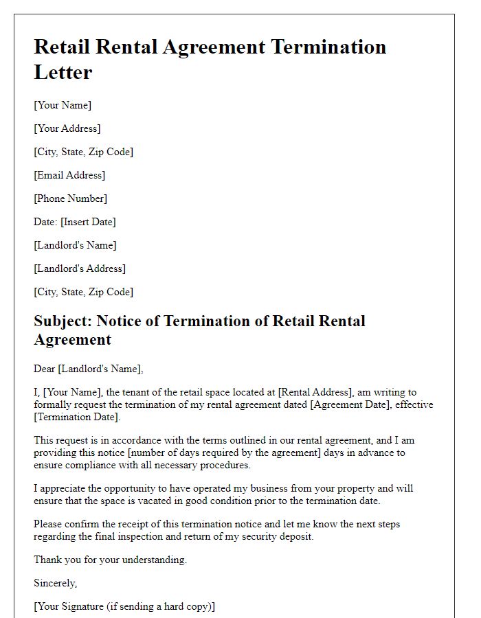 Letter template of retail rental agreement termination for tenant's request.