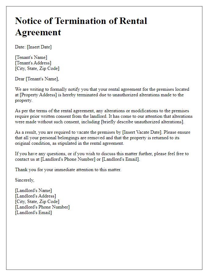 Letter template of retail rental agreement termination for unauthorized alterations.