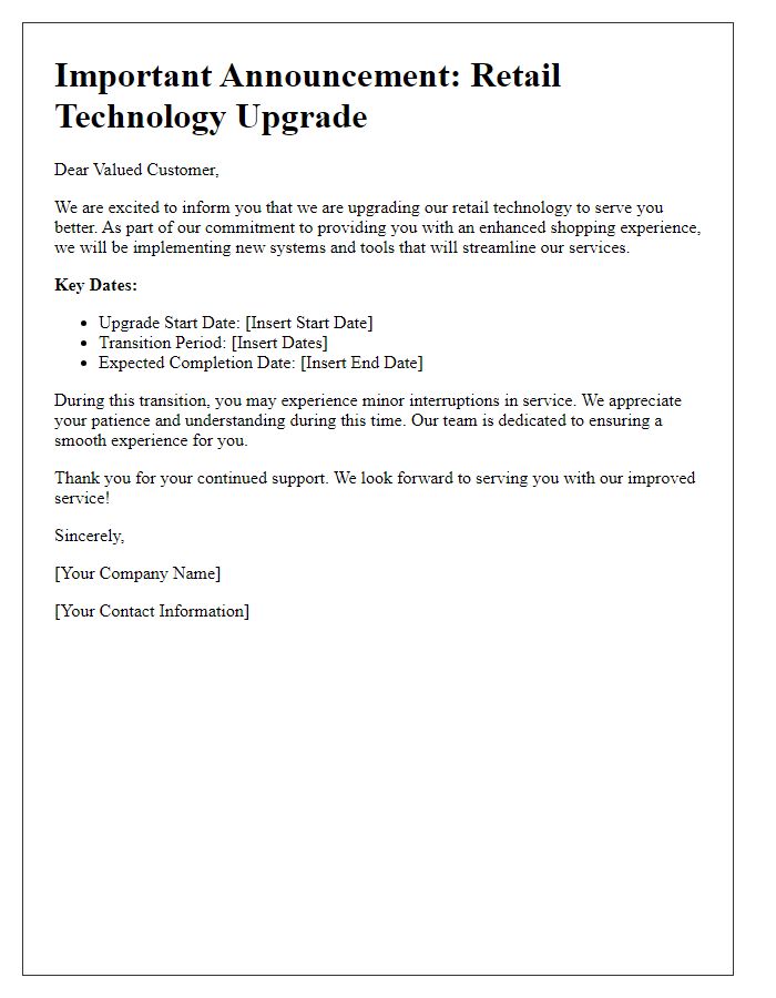 Letter template of retail technology upgrade announcement for customer notification