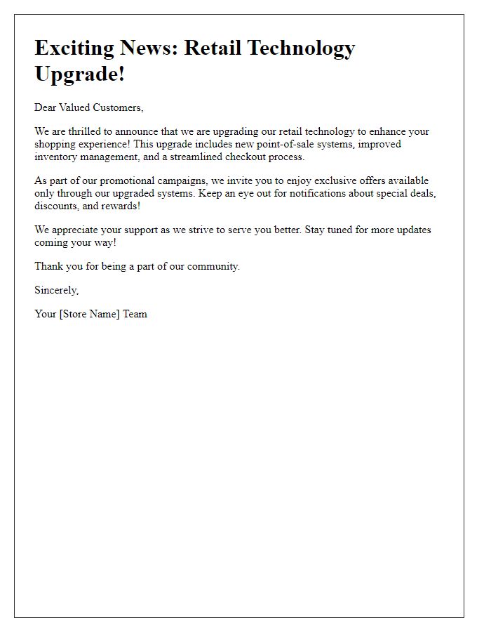 Letter template of retail technology upgrade announcement for promotional campaigns