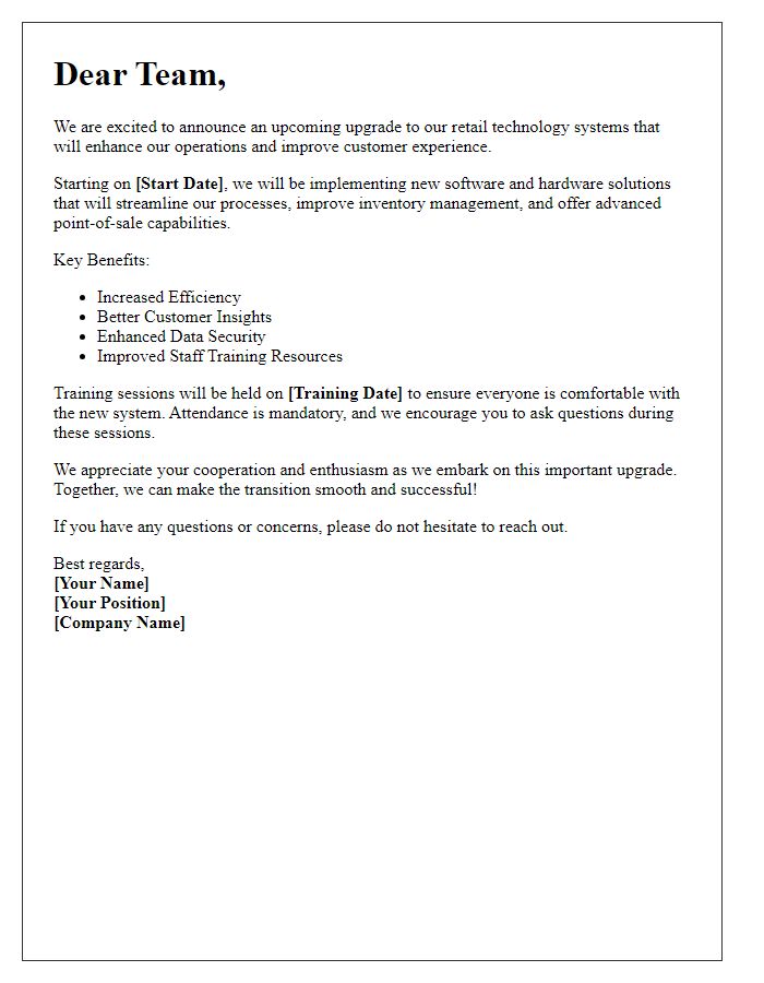 Letter template of retail technology upgrade announcement for staff communication