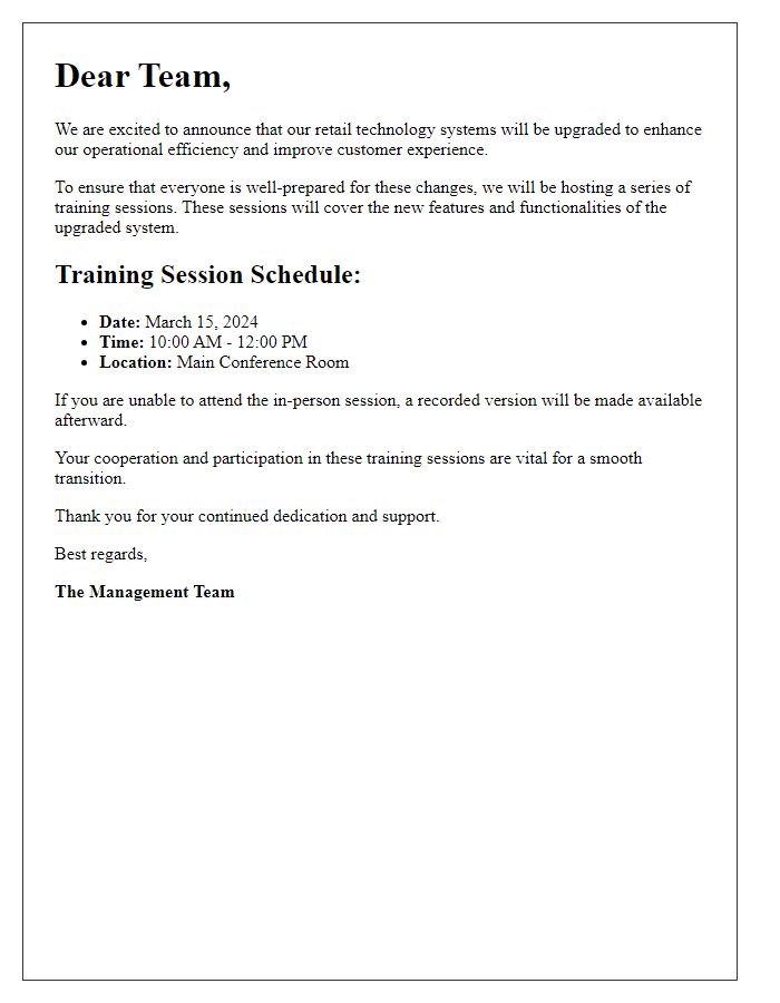 Letter template of retail technology upgrade announcement for training sessions