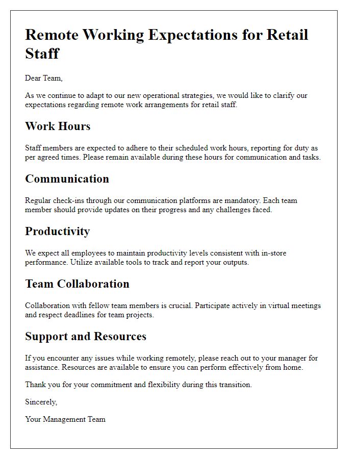 Letter template of remote working expectations for retail staff