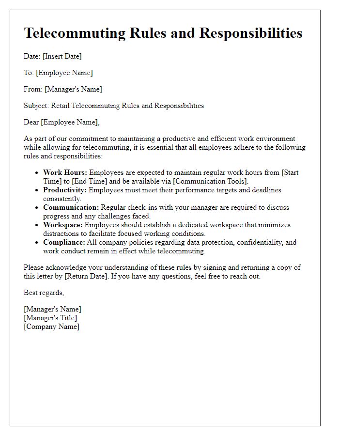 Letter template of retail telecommuting rules and responsibilities