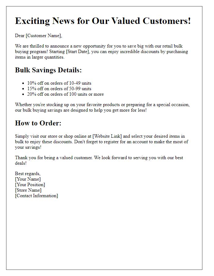 Letter template of retail bulk buying savings announcement.