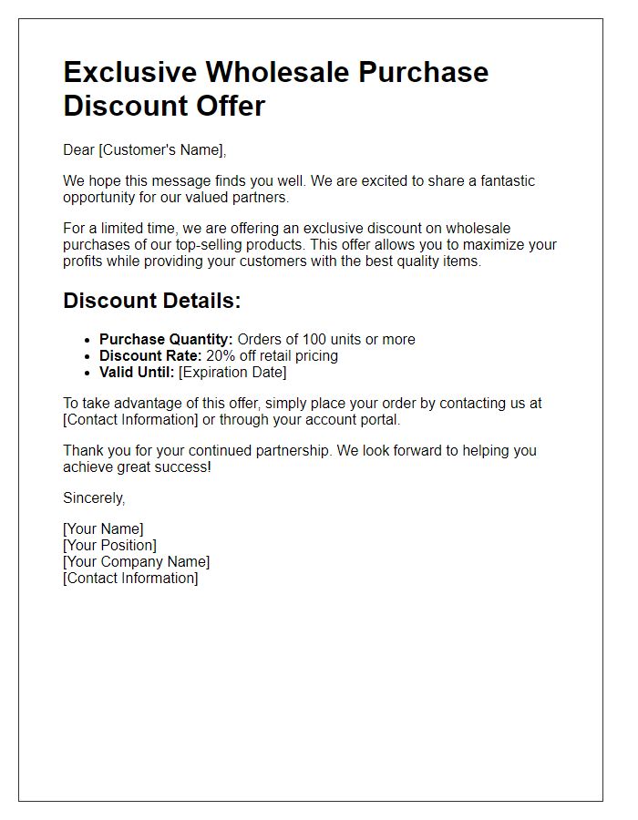 Letter template of retail wholesale purchase discount offer.