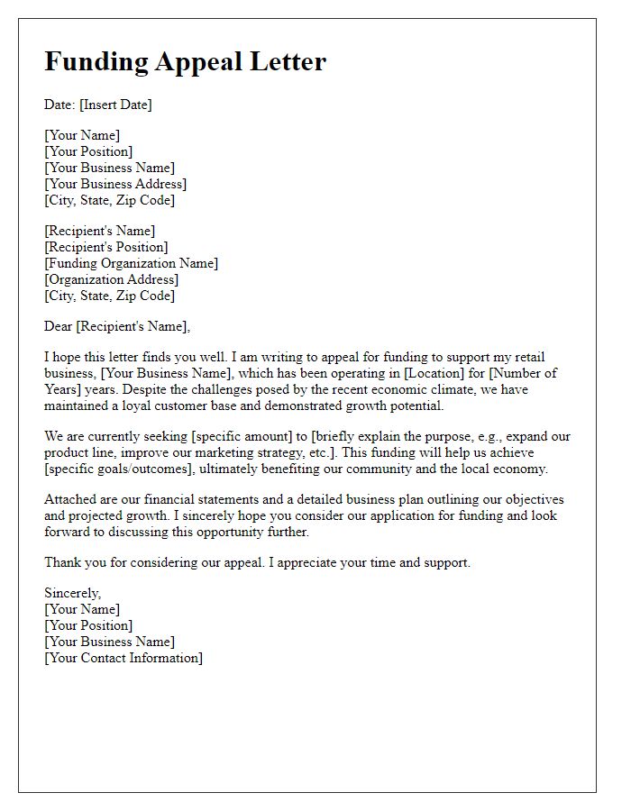 Letter template of appeal for retail business funding