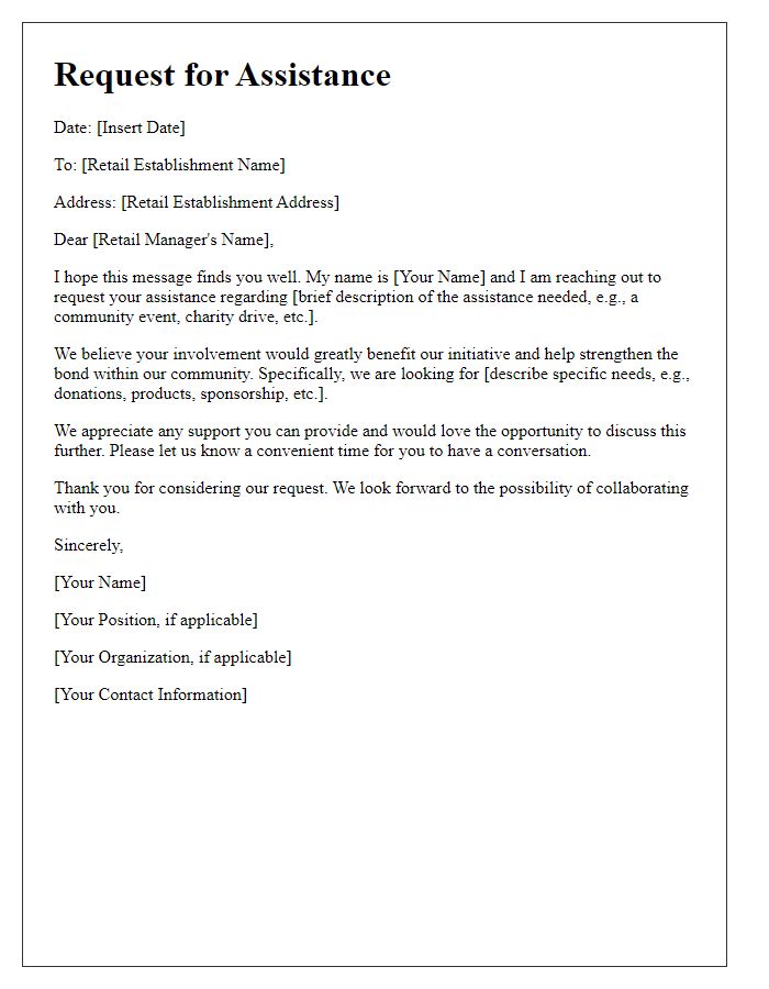 Letter template of assistance request for local retail establishment