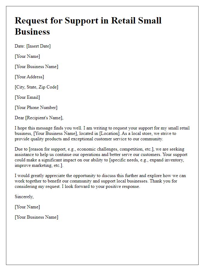 Letter template of request for support in retail small business