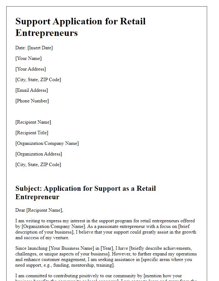 Letter template of support application for retail entrepreneurs