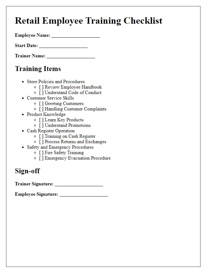 Letter template of retail employee training checklist