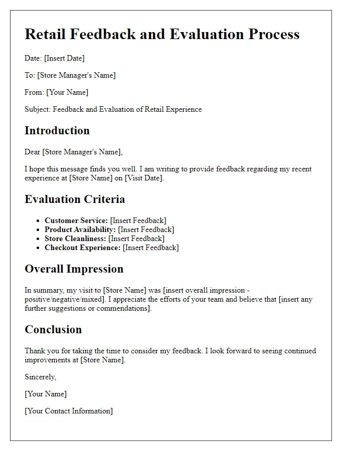 Letter template of retail feedback and evaluation process