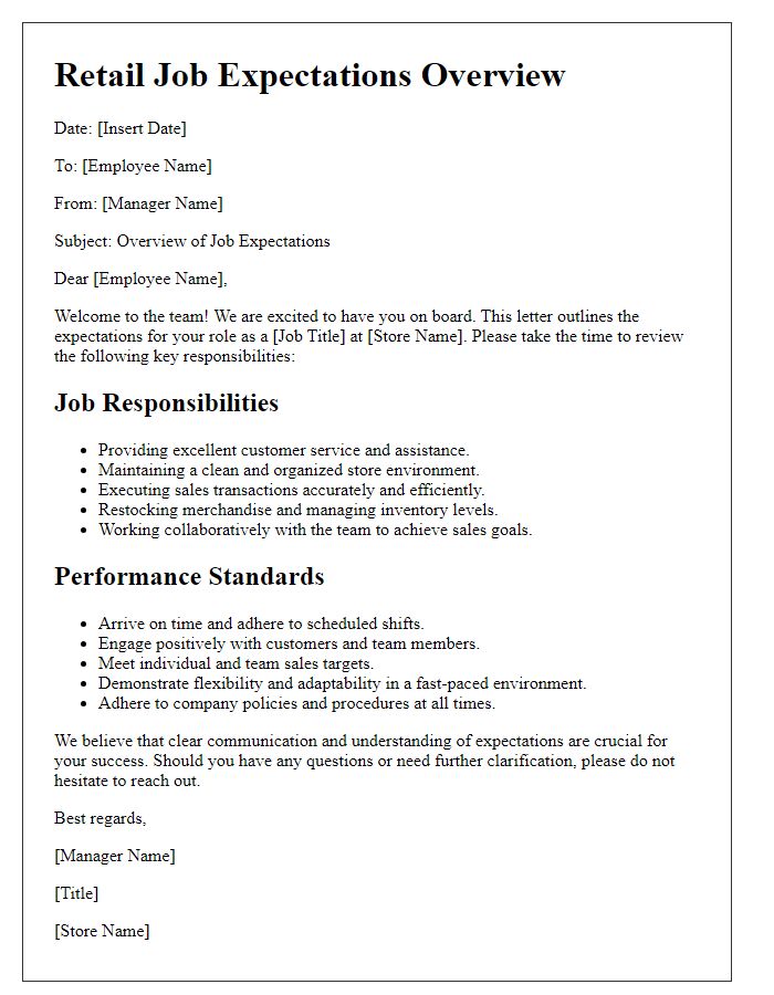 Letter template of retail job expectations overview