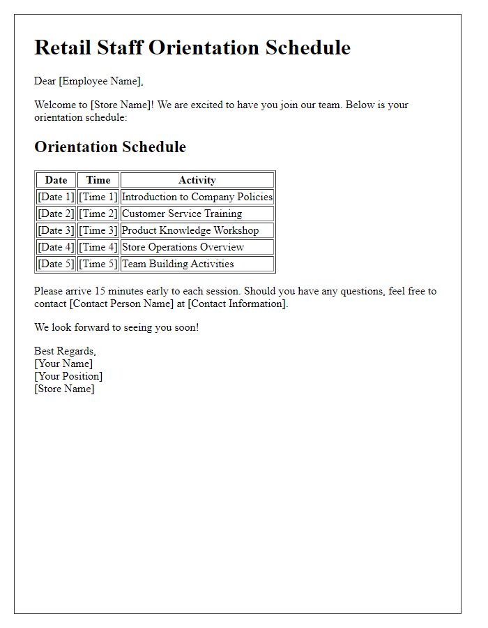 Letter template of retail staff orientation schedule