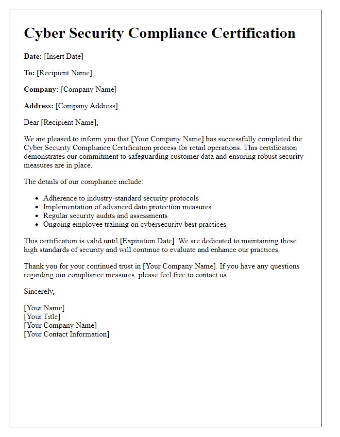 Letter template of retail cyber security compliance certification