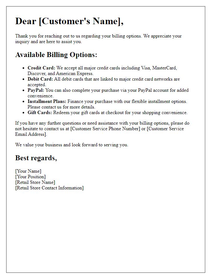 Letter template of retail billing options addressing customer inquiries.