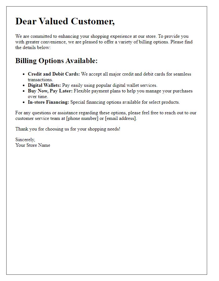 Letter template of retail billing options for customer convenience.