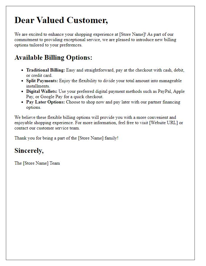 Letter template of retail billing options to enhance shopping experience.