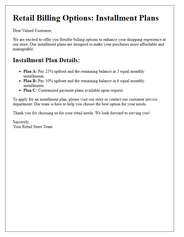 Letter template of retail billing options featuring installment plans.