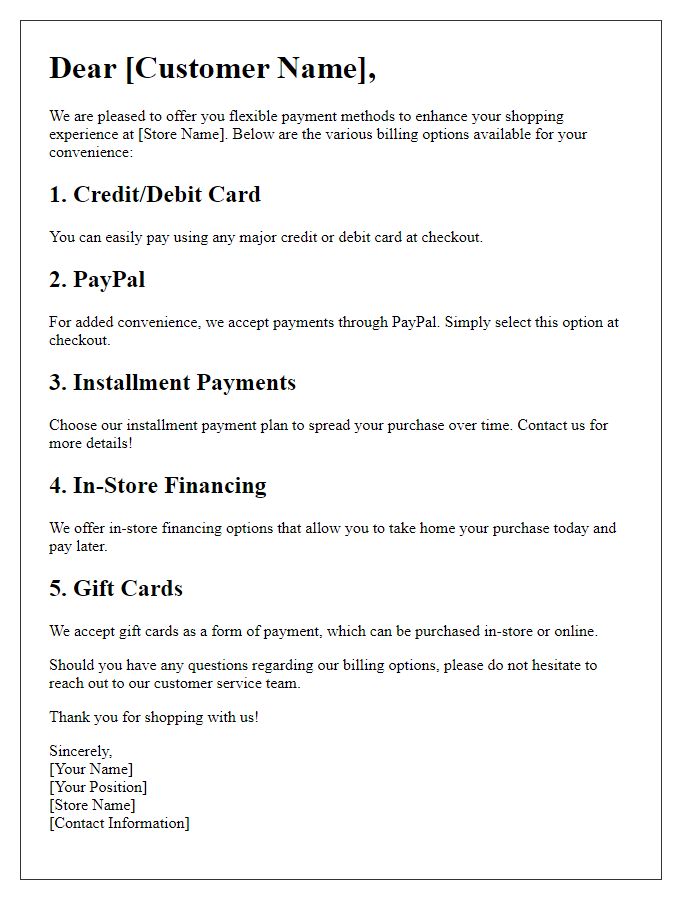 Letter template of retail billing options for flexible payment methods.