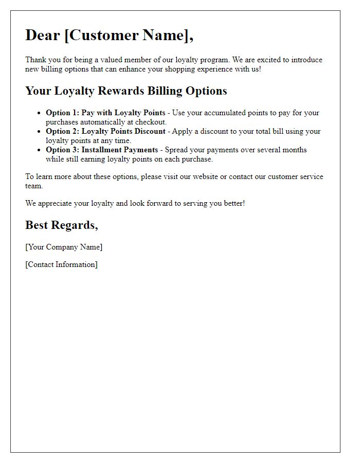 Letter template of retail billing options for loyalty rewards integration.