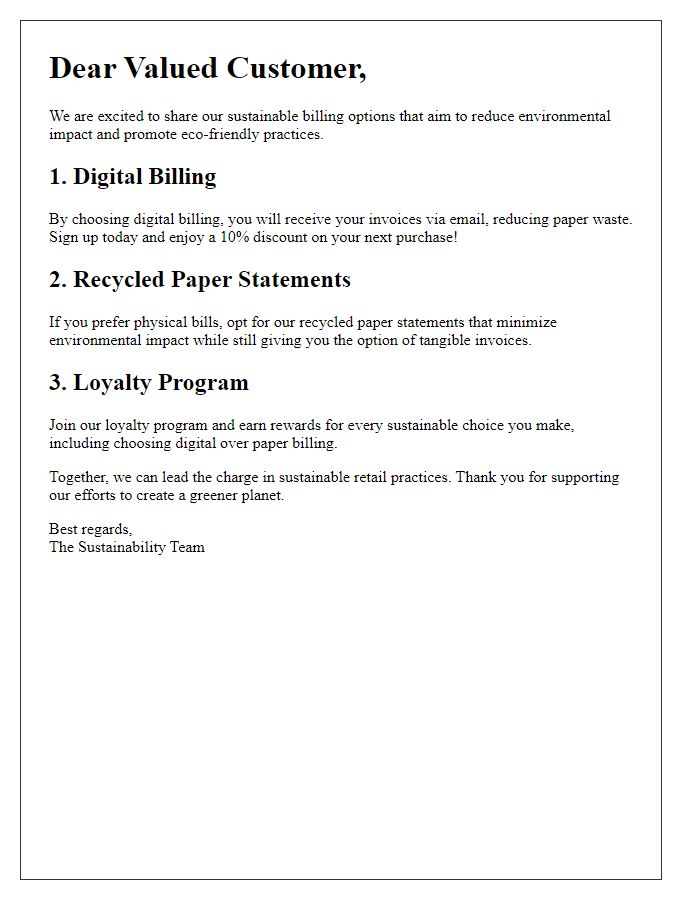 Letter template of retail billing options for promoting sustainable practices.