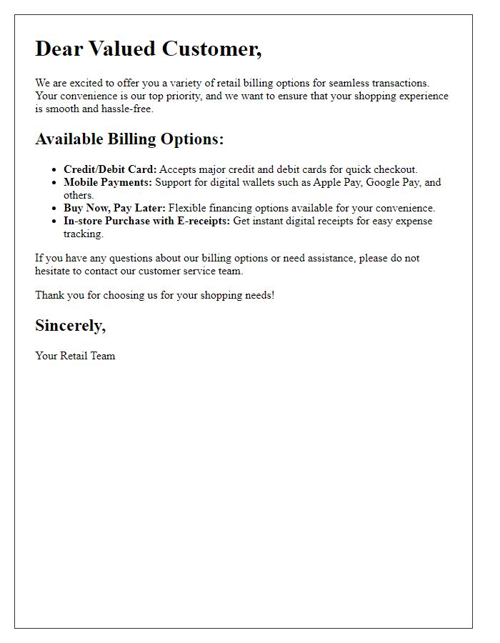 Letter template of retail billing options for seamless transactions.