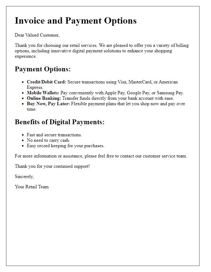 Letter template of retail billing options showcasing digital payment solutions.