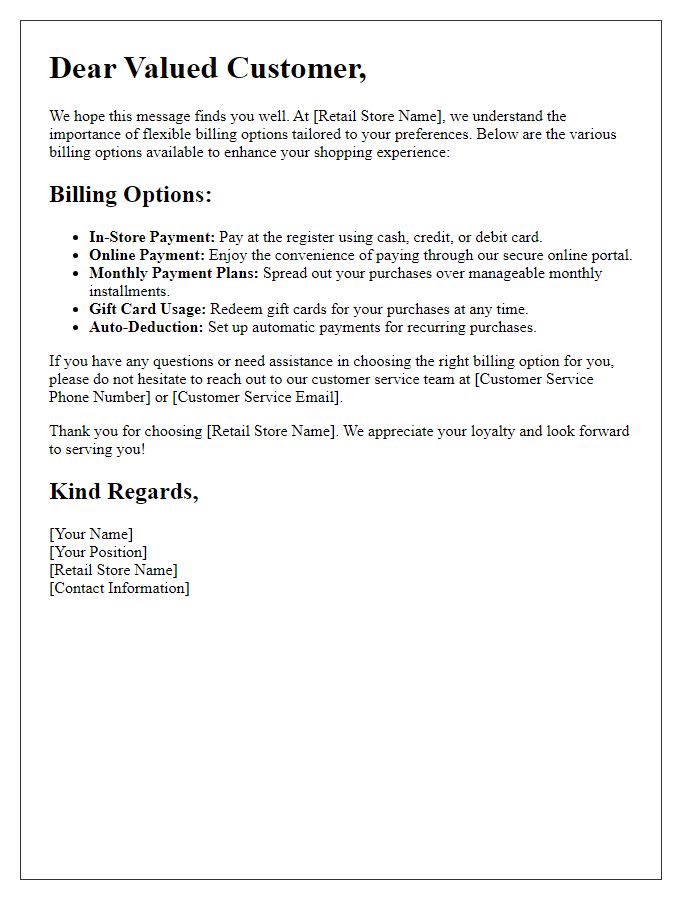 Letter template of retail billing options to support customer preferences.