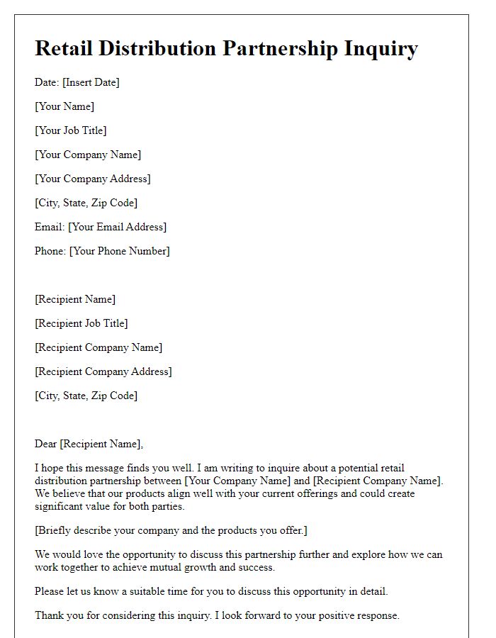 Letter template of Retail Distribution Partnership Inquiry