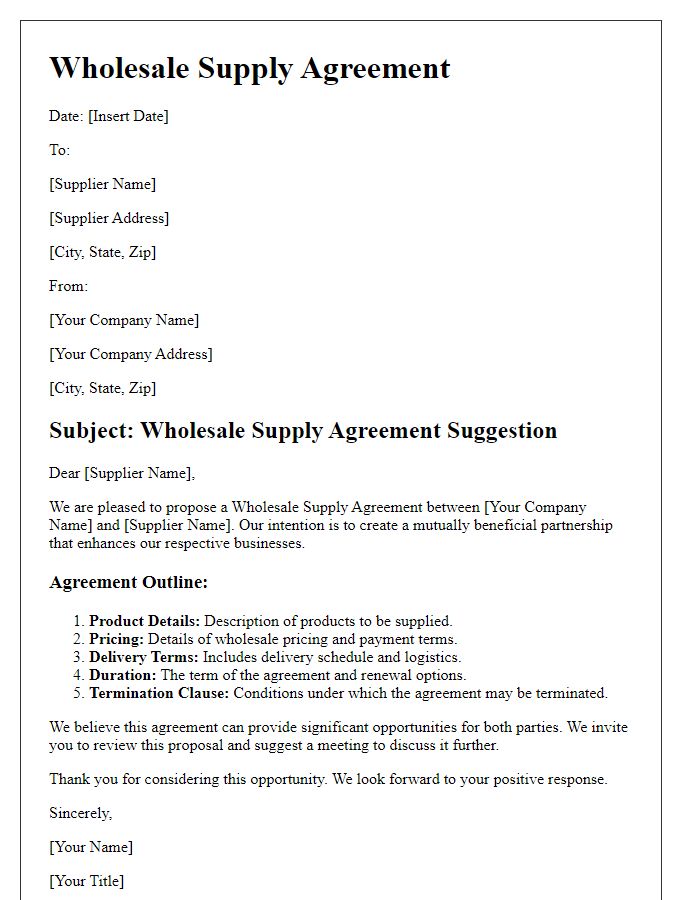 Letter template of Wholesale Supply Agreement Suggestion