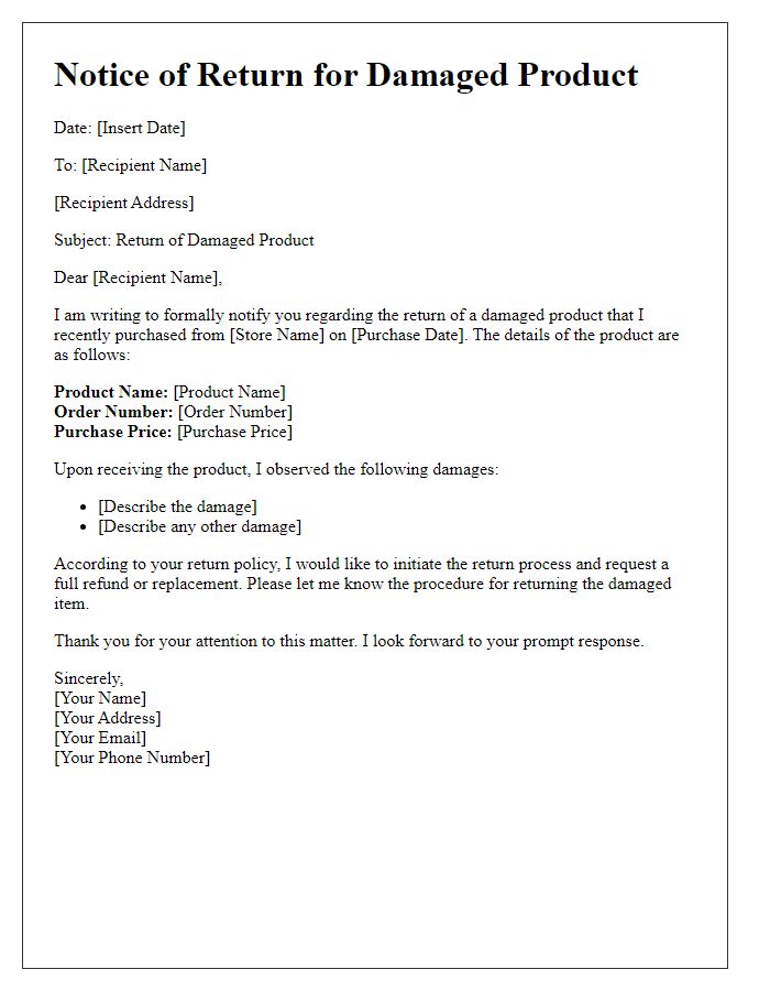 Letter template of notice for returning damaged product