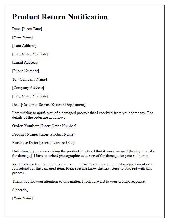 Letter template of product return due to damage notification