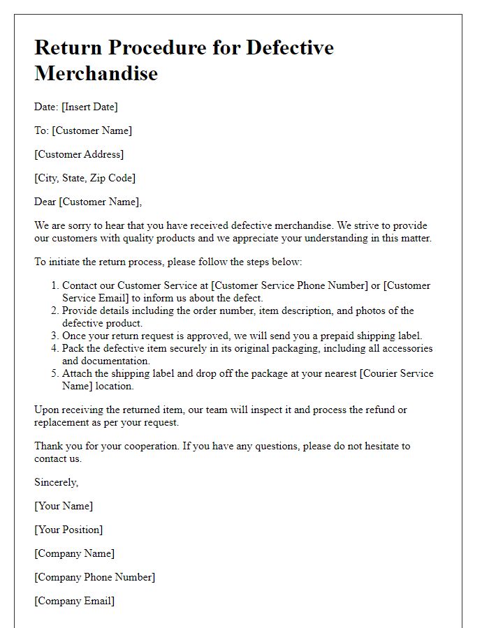 Letter template of return procedure for defective merchandise