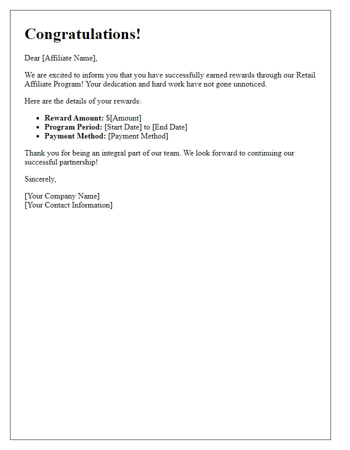 Letter template of retail affiliate program rewards.