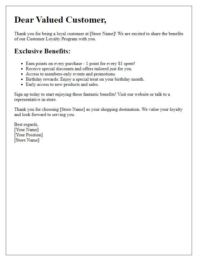 Letter template of retail customer loyalty program benefits.